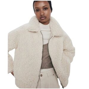 Zara Fleece Sherpa Teddy Bomber Zip Up Jacket Size Small